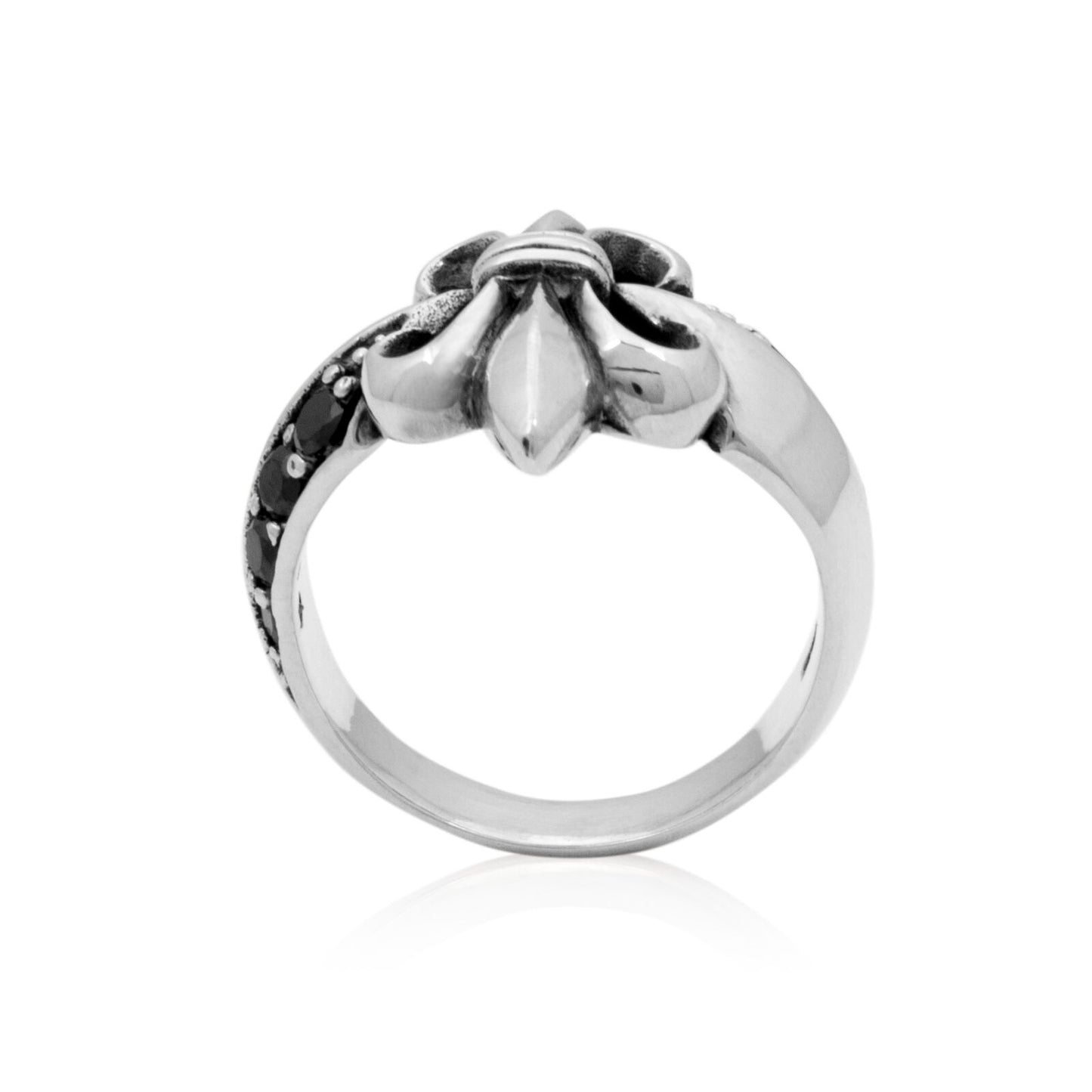 Ring französische Lilie Zirkonia Schwarz 925 Silber