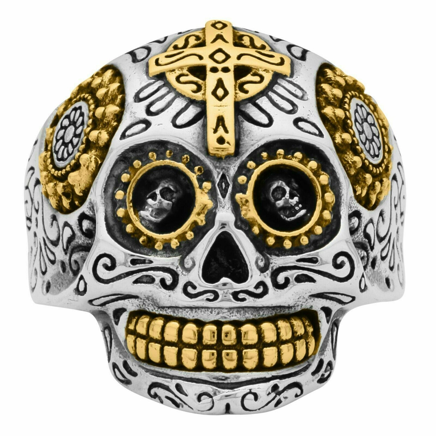 Ring Totenkopf 925 Silber Oxidiert Vergoldet