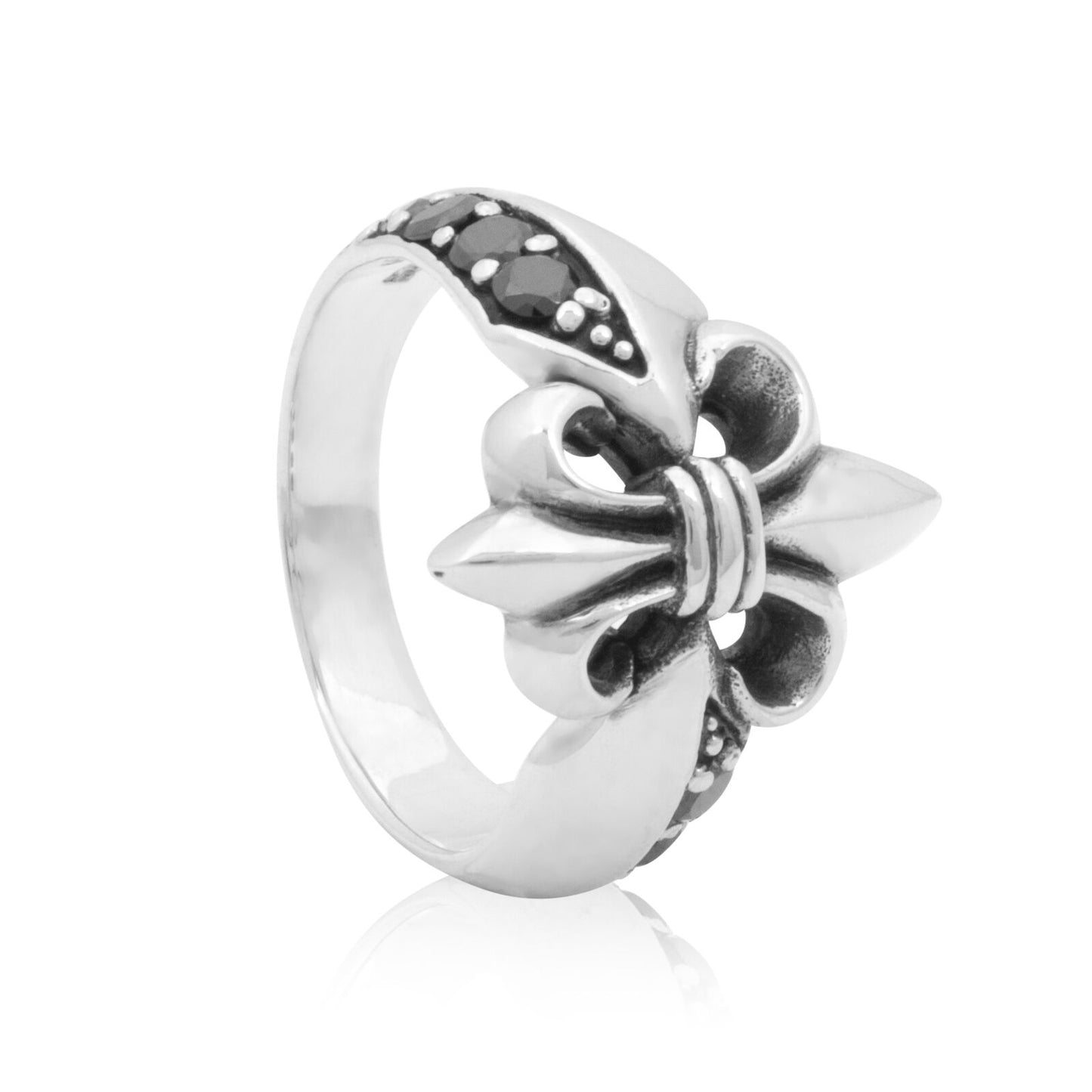 Ring französische Lilie Zirkonia Schwarz 925 Silber